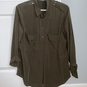 Dark green dynamite button up top with gold detailing on buttons and back